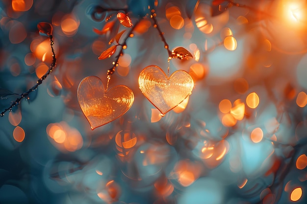 A couple of hearts hanging from a tree