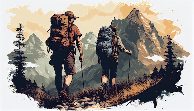 Couple of hikers with backpack Generate Ai