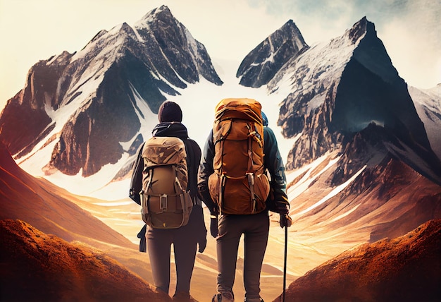 Couple of hikers with backpack Generate Ai