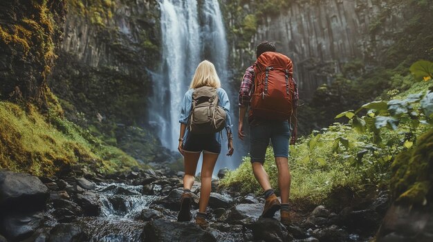 A couple hikes through a lush forest admiring a waterfall