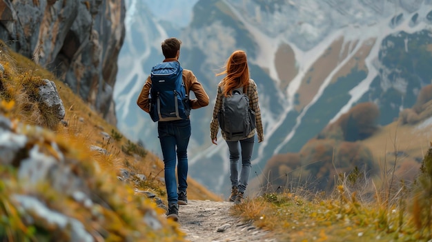 A couple hikes through the mountains enjoying nature and a scenic view