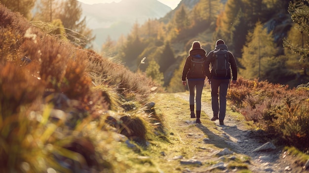 A couple hiking hand in hand along a winding trail enjoying each others company