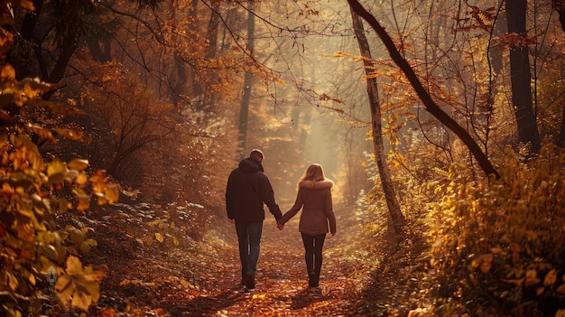 A couple hiking handinhand through an autumn forest colorful leaves