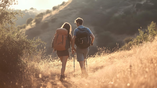 Photo a couple hiking together during sunset on a scenic trail with backpacks and trekking poles