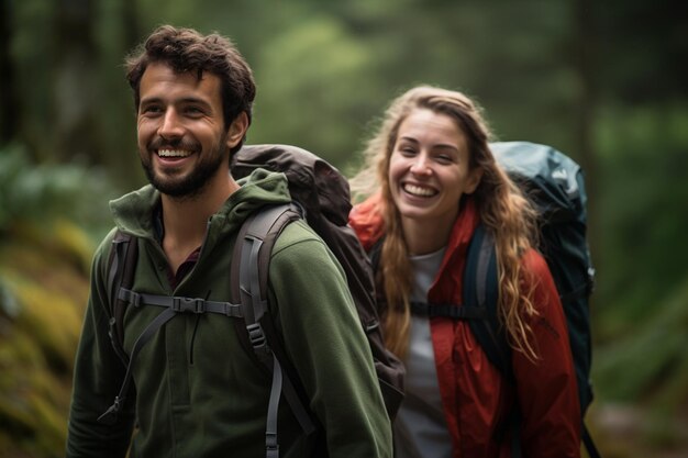 Photo a couple hiking together in the forest bokeh style background