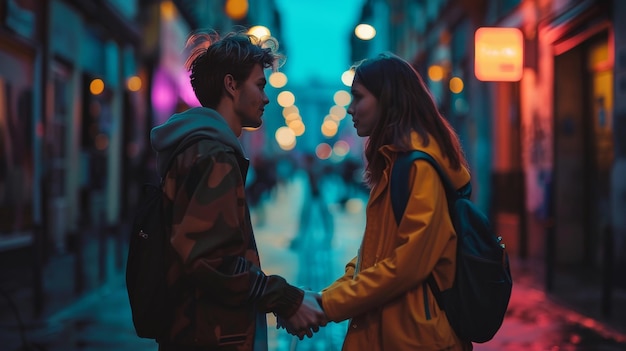 Photo a couple hold hands in front of a street with the words  love  on the bottom