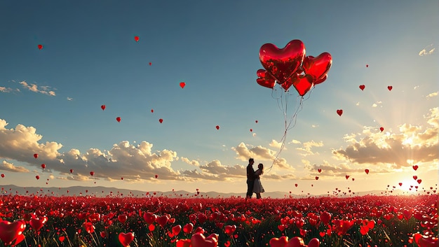 a couple holding balloons that say love in a field of flowers