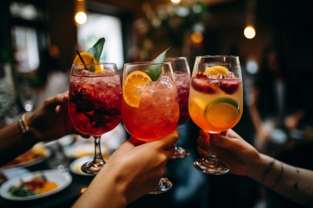 a couple holding glasses of cocktails with the word fruit on them.