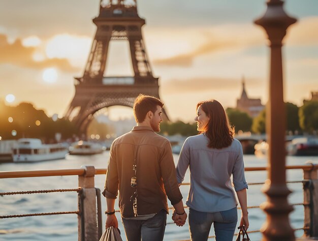 A couple holding hands as they walk along the river and the Eiffel Tower in the background