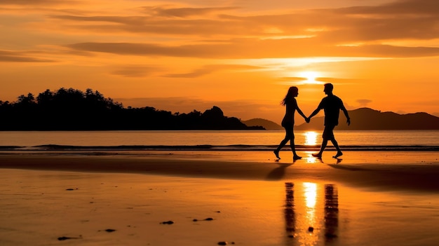 A couple holding hands on a beach at sunset