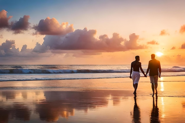 Couple holding hands on the beach at sunset