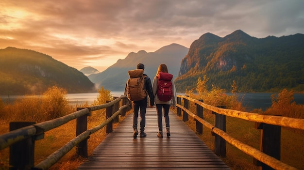 A couple holding hands on a bridge looking at a mountain landscape