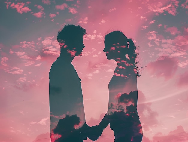 Photo a couple holding hands in front of a pink sky double exposition style