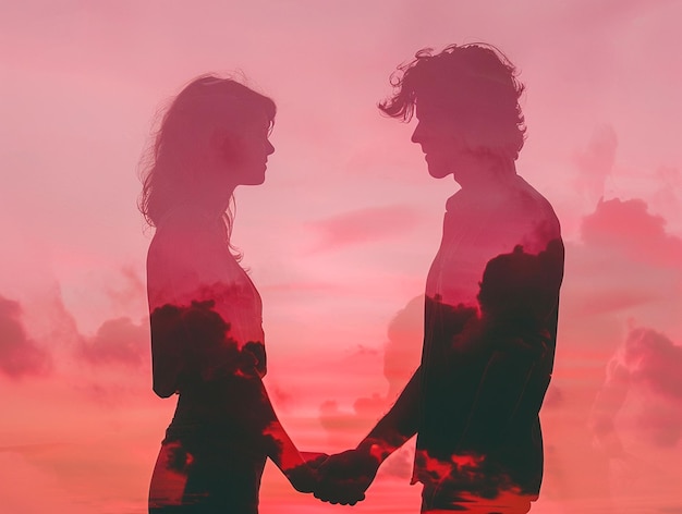 Photo a couple holding hands in front of a pink sky double exposition style