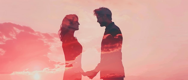 Photo a couple holding hands in front of a pink sky double exposition style