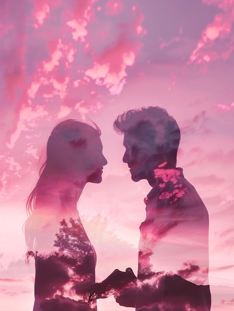 Photo a couple holding hands in front of a pink sky double exposition style