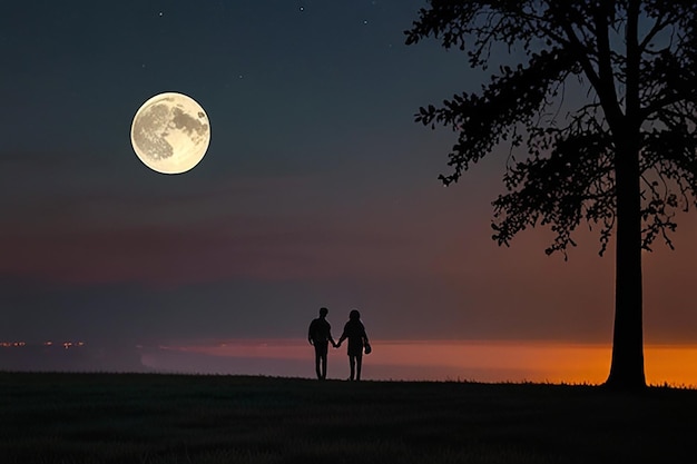 a couple holding hands and a full moon in the sky