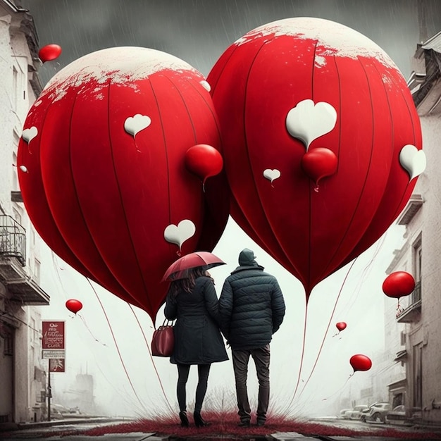 A couple holding hands under a heart shaped balloon that says love.