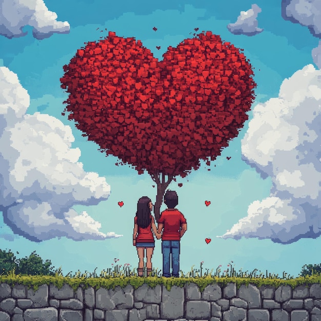 Couple holding hands under a heart shaped tree in a pixelated style