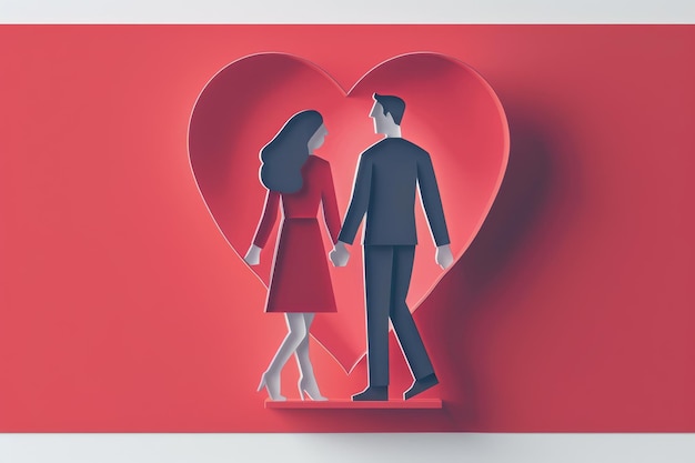 Couple holding hands inside a heart shape romantic vector illustration with a pink background