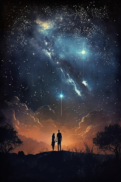 A couple holding hands looking at the stars