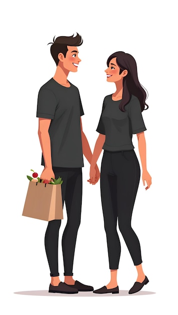 a couple holding hands and a man holding a shopping bag