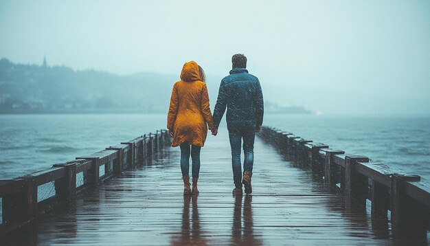 Photo couple holding hands on a pier in the rain