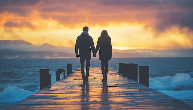 Photo a couple holding hands on a pier at sunset