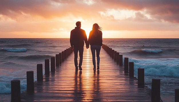 Photo couple holding hands on a pier at sunset