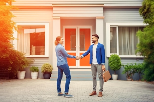 Couple holding hands standing outside a house