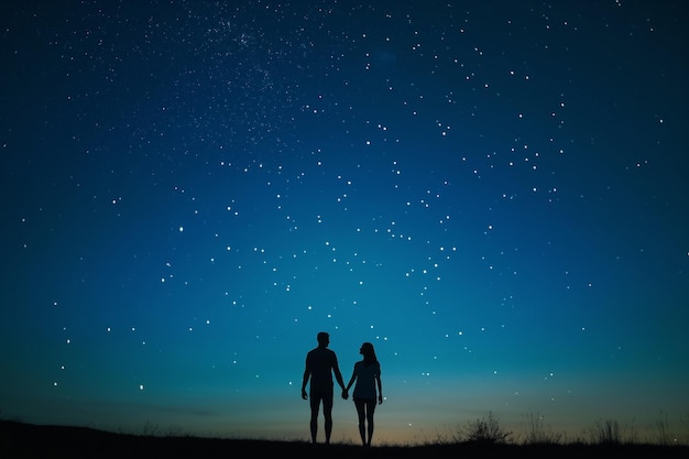 Couple holding hands under starry sky immersed in natures beauty