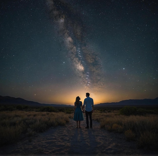 Couple holding hands under starry sky