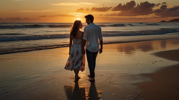 A couple holding hands at sunset on a beach with a romantic and serene atmosphere