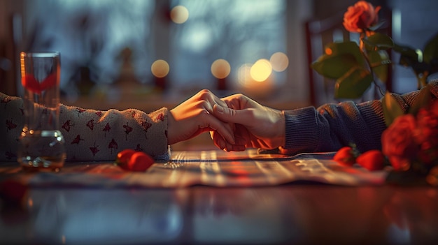 Photo a couple holding hands on a table with a candle in the background