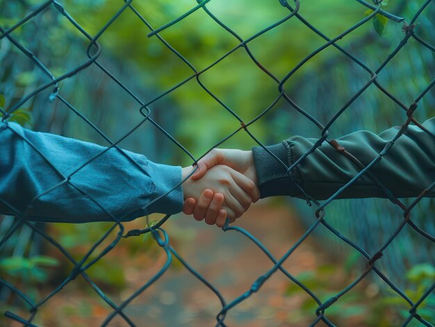 Photo couple holding hands through a chain link fence overcoming obstacles enduring love romantic