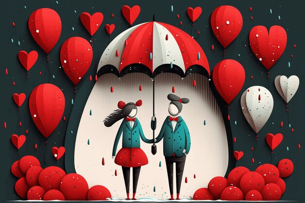 A couple holding hands under an umbrella with hearts on it.