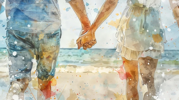 Couple holding hands walking on the beach from behind in watercolor style Pair strolling by the sea in aquarelle from rear view Concept of romance summer beach vacation relaxation