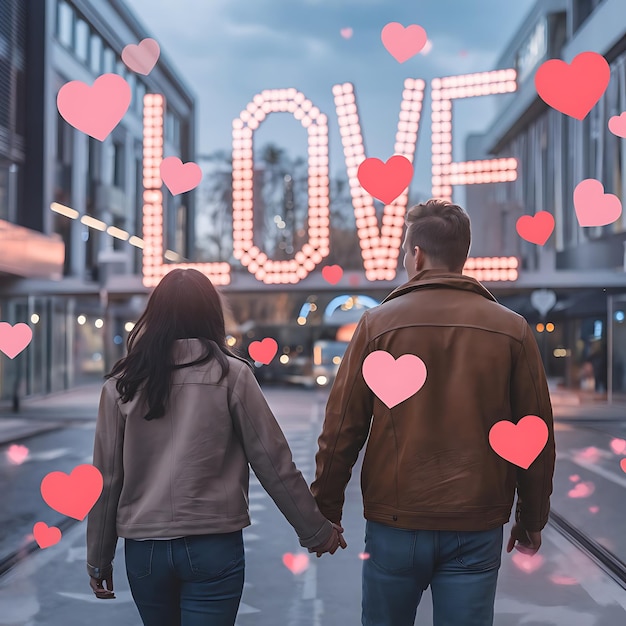 a couple holding hands and walking down a street with hearts in the background