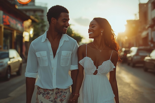 Photo couple holding hands and walking down the street