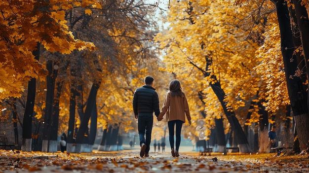 Couple holding hands walking through an autumnal park pathway