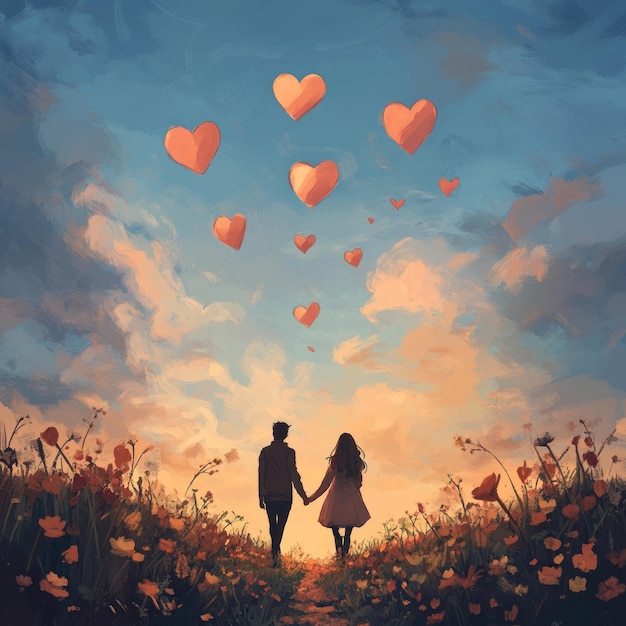 A couple holding hands and walking through a field of wildflowers with hearts floating in the sky