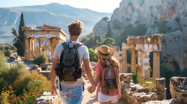 A couple holding hands walks through ancient ruins while on vacation