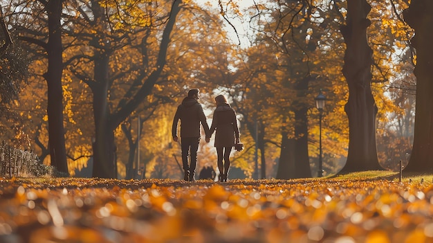 Couple holding hands walks through a park during autumn