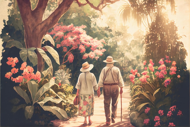 Couple holding hands while taking a leisurely stroll through a lush garden