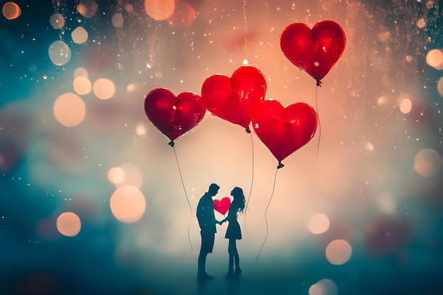 A couple holding hands with heartshaped balloons on a romantic evening Generative AI