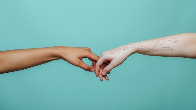 Photo a couple holding hands with one being held up by a hand that says  love