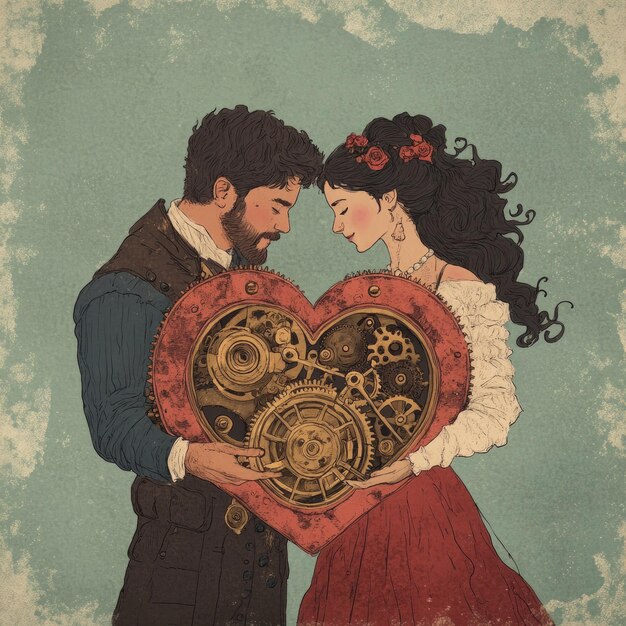 Photo couple holding a heartshaped gear mechanism looking at each other lovingly