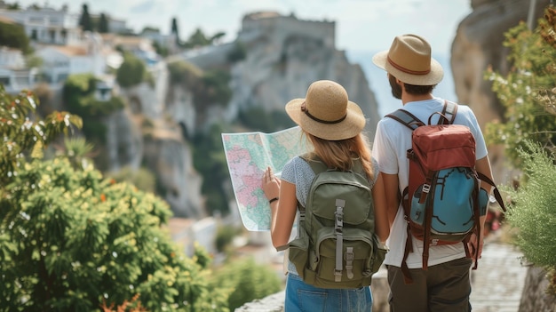 Photo a couple holding a map and looking at tourist attractions ai genrated illustration