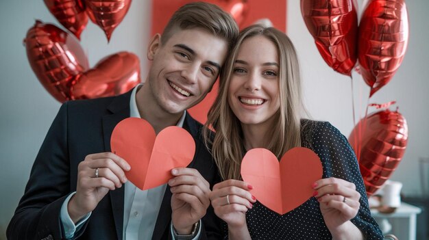 Photo a couple holding paper hearts with a red heart in the background