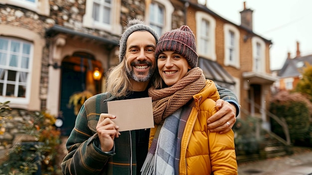 Couple holding sign in front of suburban home